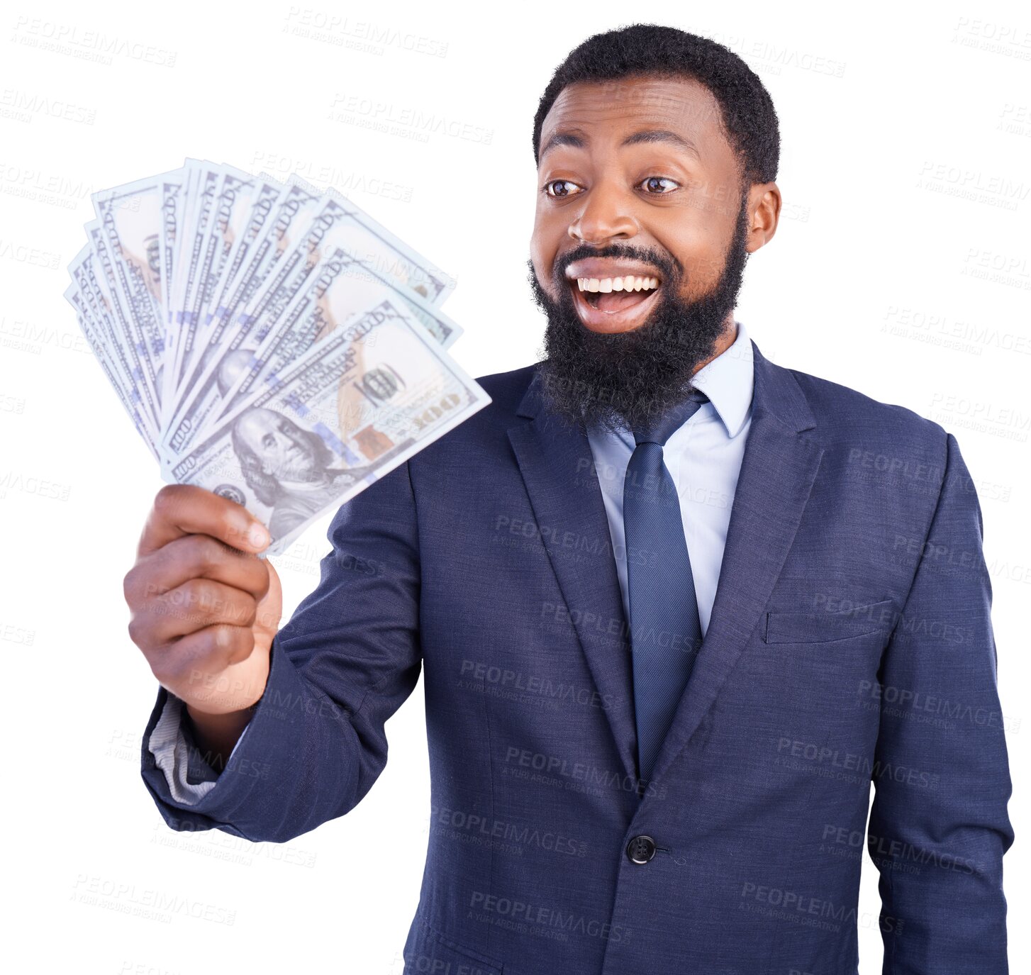 Buy stock photo Black man, winner and excited for dollars, money and investment isolated on a transparent png background. Wow, happy business professional and cash, financial freedom and wealth from lottery prize.