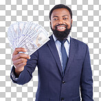 Portrait, money and investment with a business black man in studio on a gray background as a lottery winner. Cash, accounting and finance with a male employee holding dollar bills for the economy