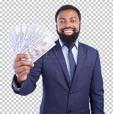 Buy stock photo Isolated business man, money fan and smile in portrait for success, investing or profit by transparent png background. Black businessman, cash and happy with goal, bonus and cashback from insurance