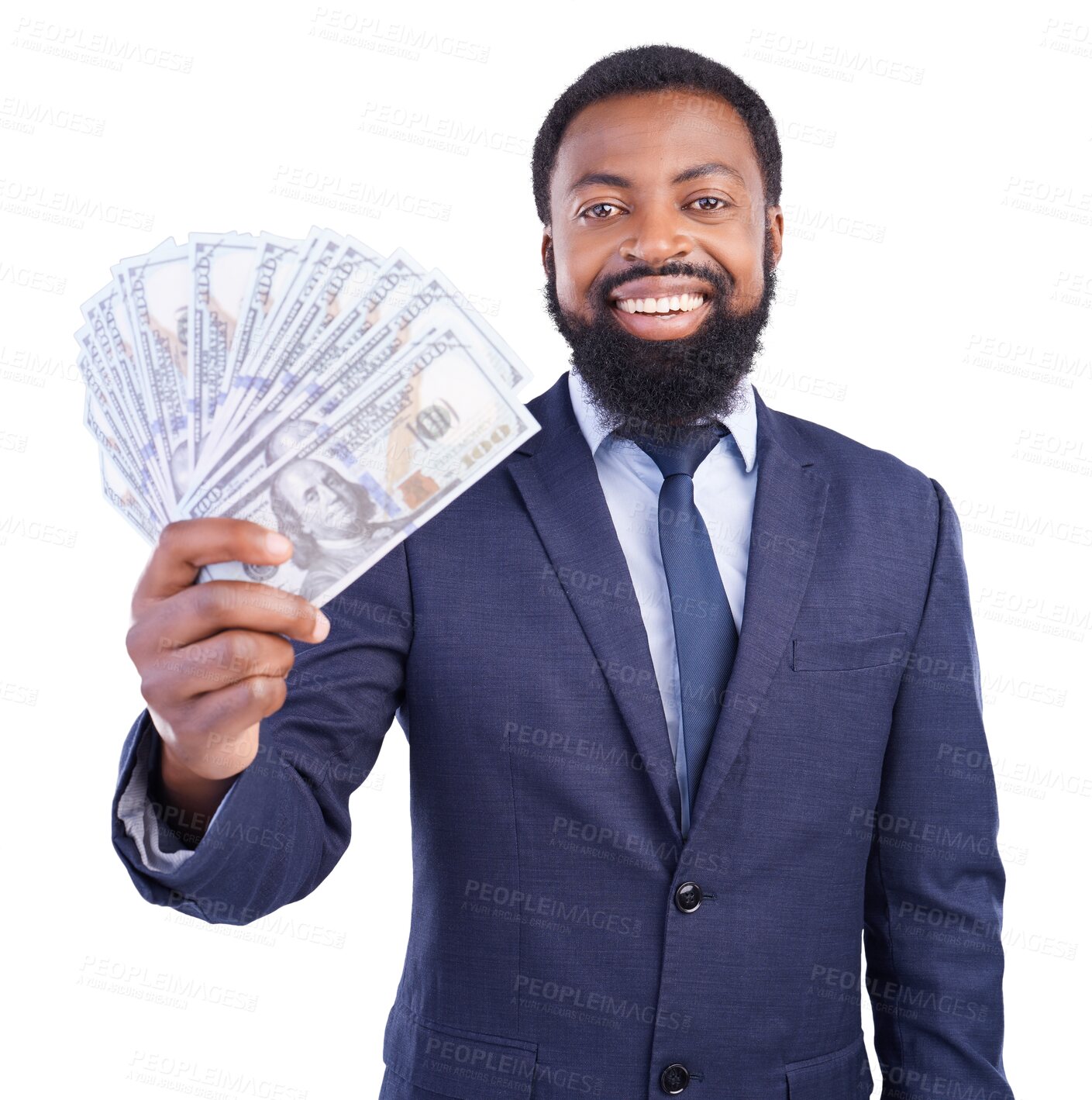 Buy stock photo Isolated business man, money fan and smile in portrait for success, investing or profit by transparent png background. Black businessman, cash and happy with goal, bonus and cashback from insurance