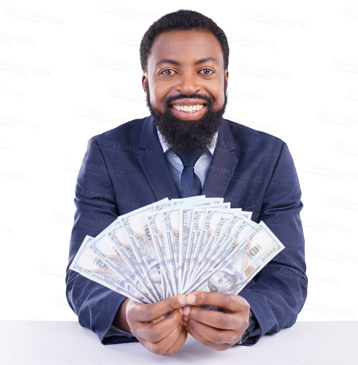 Buy stock photo Business man, cash fan and portrait in suit for success, investing or isolated with profit by transparent png background. Black investor, money and happy with goals, bonus and winning on stock market