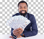 Portrait, cash and economy with a business black man in studio on a gray background as a lottery winner. Money, accounting and finance with a male employee holding dollar bills for investment