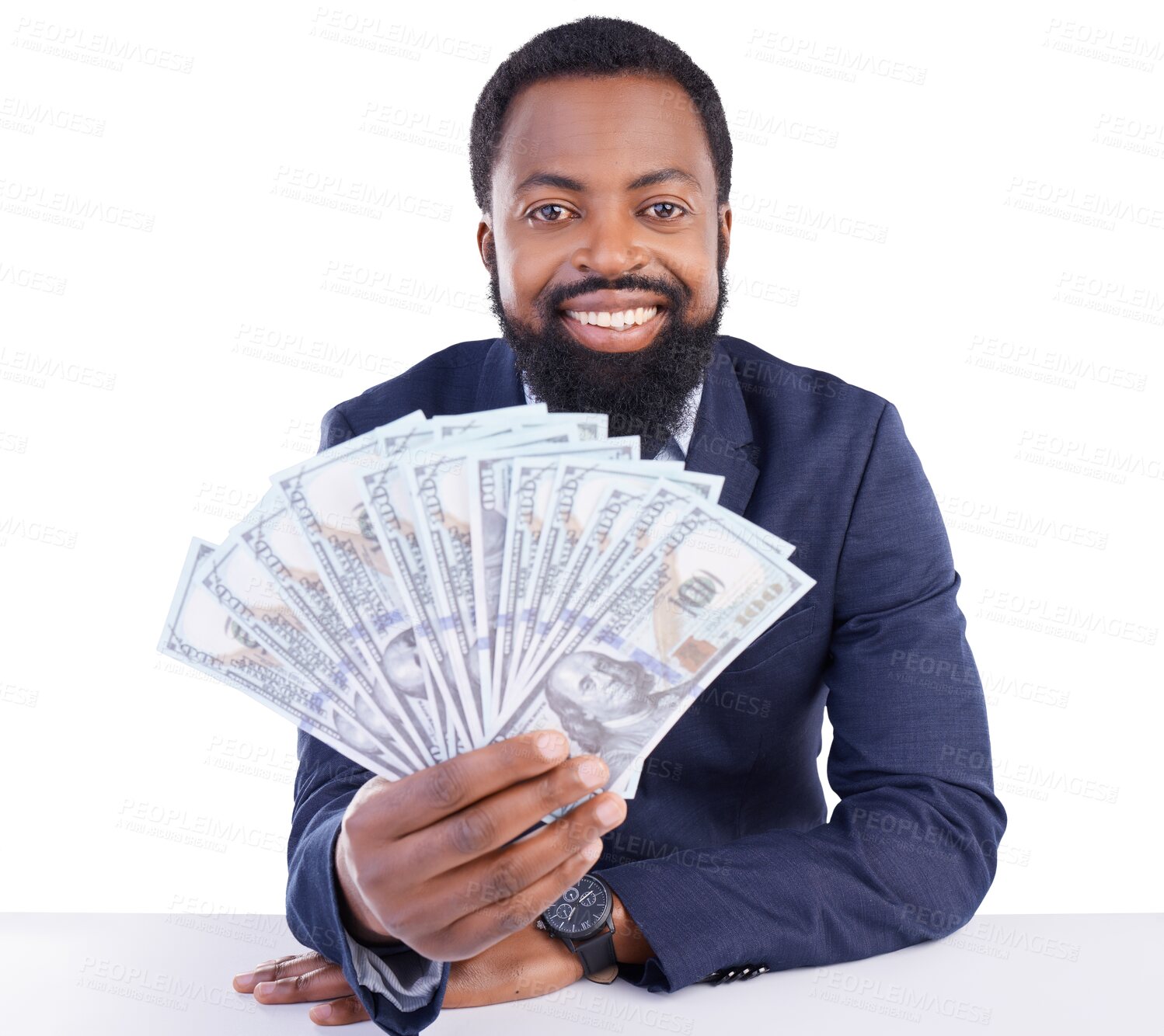 Buy stock photo Portrait, dollars and black man with money on table for business investment isolated on a transparent png background. Face, cash and happy professional on desk with financial freedom, winner and rich