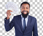 Rich, happy and portrait of a black man with money isolated on a white background in studio. Smile, wealth and an African businessman holding cash from an investment, savings or lottery on a backdrop