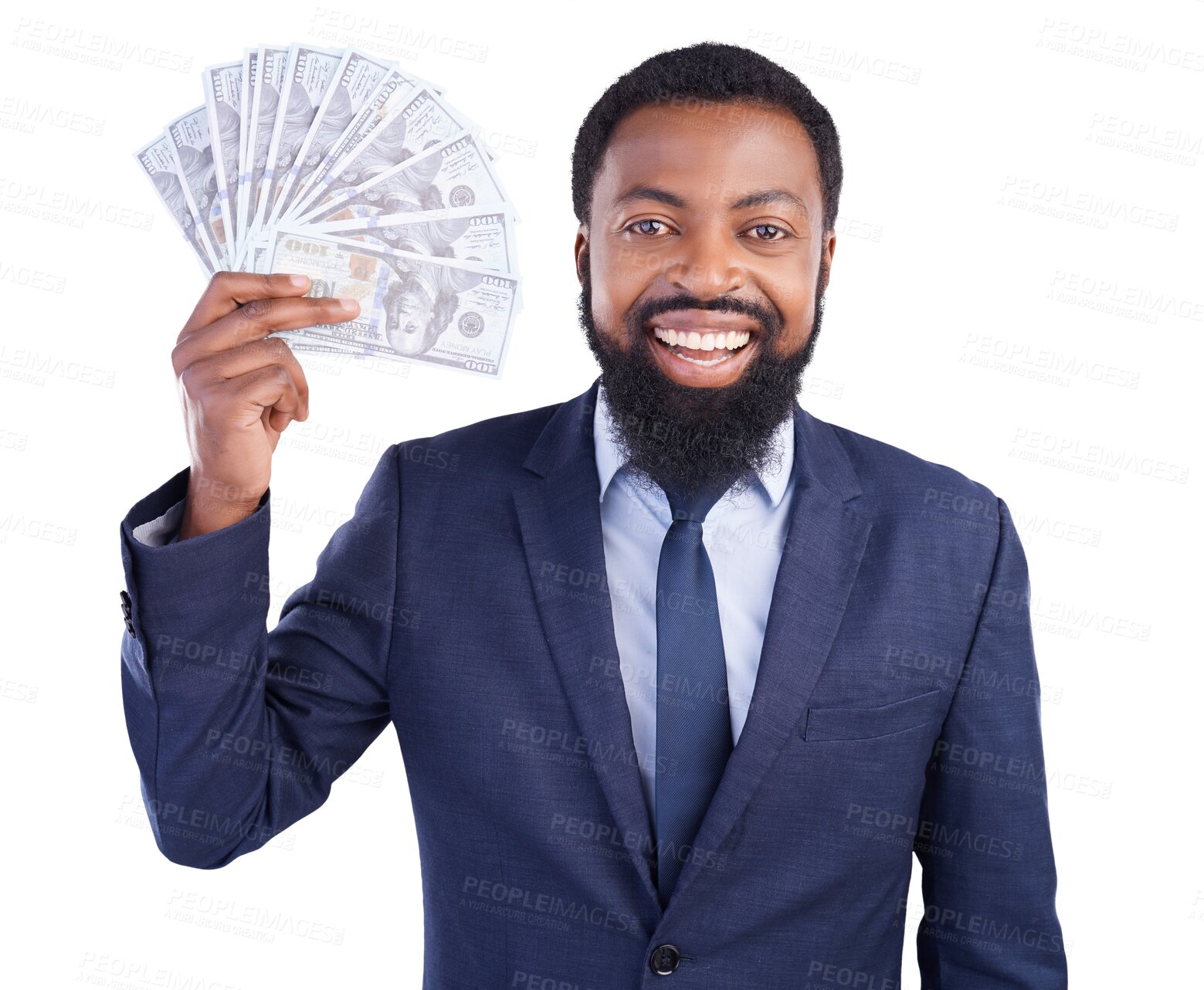 Buy stock photo Isolated African man, money fan and suit in portrait for success, investing or profit by transparent png background. Black businessman, cash and happy with goals, bonus and winning on stock market