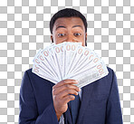 Eyes, cash and investment with a business black man in studio on a gray background as a lottery winner. Money, accounting and finance with a male employee holding dollar bills for the economy