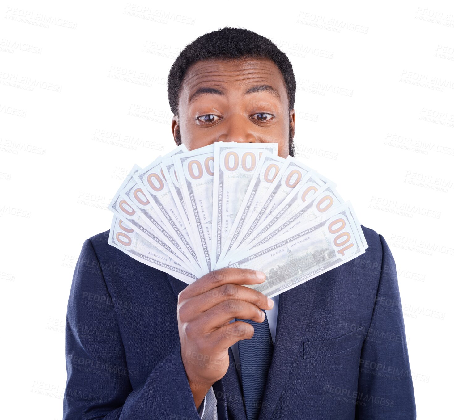 Buy stock photo Eyes, dollars and black man with money for business investment isolated on a transparent png background. Winner, success and professional with cash, financial freedom and wealth from lottery prize.