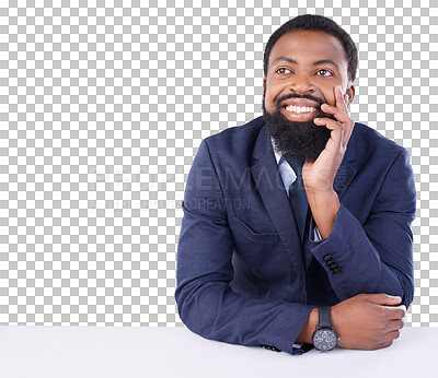 Buy stock photo Remember, thinking and happy businessman in studio with memory, dream or mindset for problem solving on transparent png background. Isolated, black man with vision or think of a solution with a smile