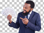 Wow, money and investment with a business black man in studio on a gray background as a lottery winner. Cash, accounting and finance with a male employee pointing to dollar bills for the economy