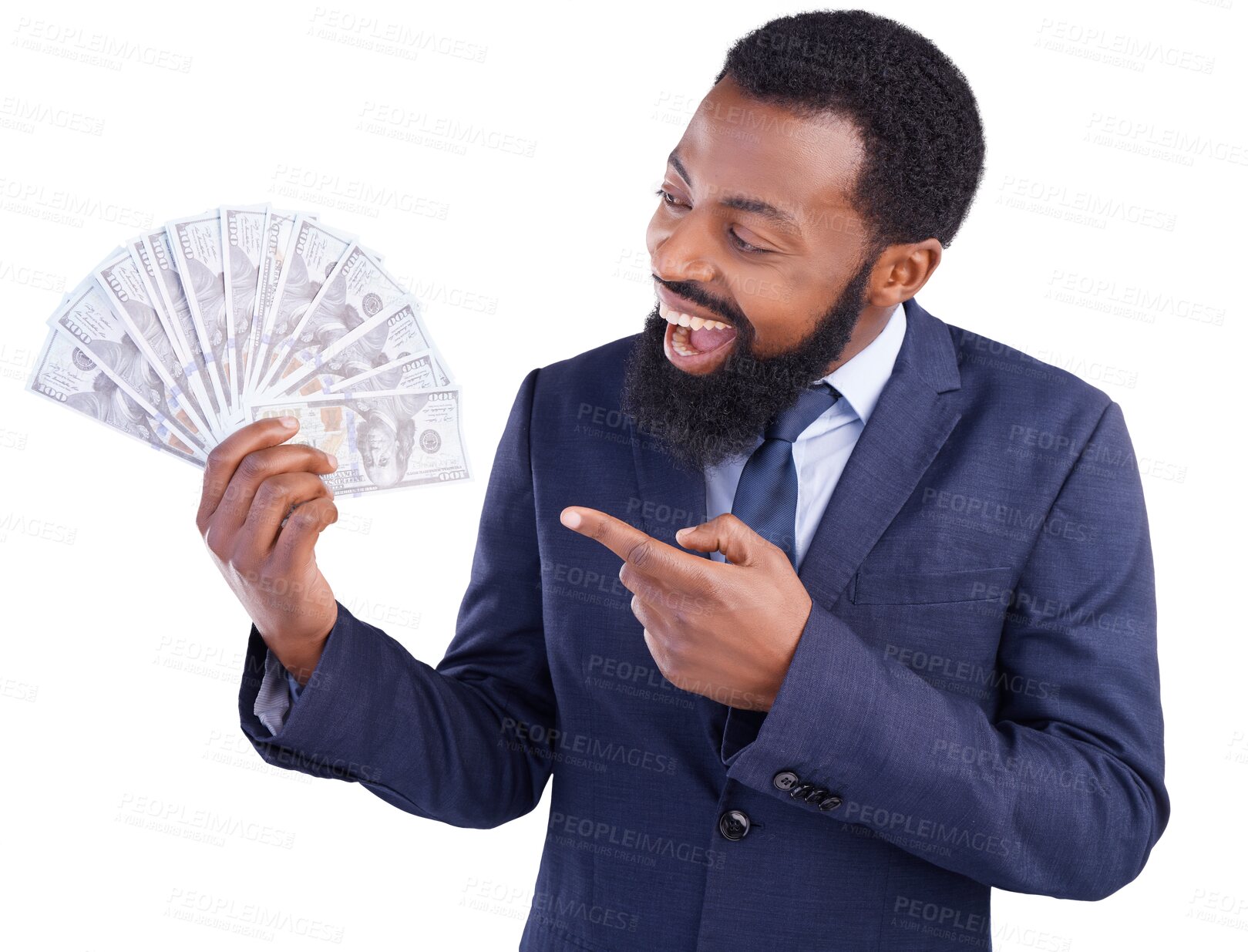 Buy stock photo Black man, winner pointing and excited for dollars, money and investment isolated on a transparent png background. Wow, happy business professional and cash, financial freedom and wealth from lottery