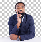 Portrait, mindset and serious with a business black man in studio on a gray background thinking about the future. Face, vision and focus with a male employee sitting at a desk, contemplating an idea