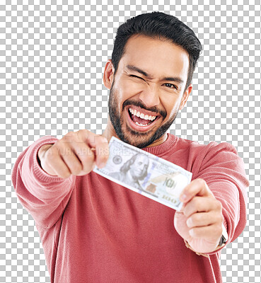 Buy stock photo Portrait, asian man and showing money with winner or savings in png or isolated and transparent background. Profit, guy and success with cash for investment with emoji face or financial freedom.