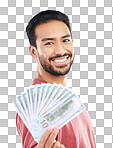 Money, cash investment and portrait of man on white background for budget, financial savings and payment. Finance profit, winner and happy male for winning, prize and stock market success in studio