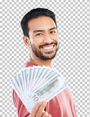 Buy stock photo Money fan, cash and dollars with man in portrait, success with investment or reward isolated on transparent png background. Financial freedom, profit and male person with prize, wealth and cashback