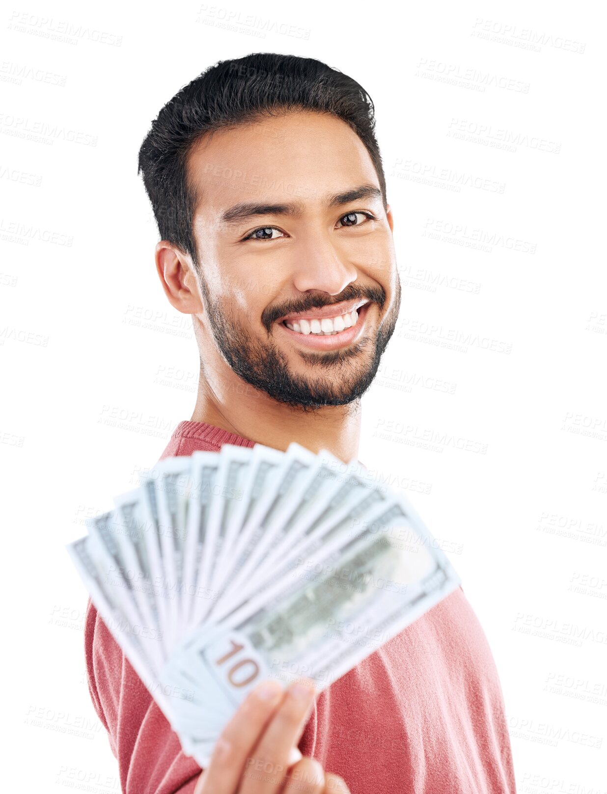 Buy stock photo Money fan, cash and dollars with man in portrait, success with investment or reward isolated on transparent png background. Financial freedom, profit and male person with prize, wealth and cashback