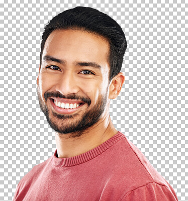 Buy stock photo Isolated young man, headshot portrait and smile for confidence, beard or pride by transparent png background. Gen z student, happy Indian guy or trendy fashion model with casual clothes in youth