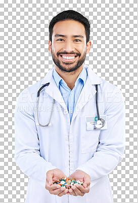 Buy stock photo Pharmacist, medicine and portrait of doctor with pills, healthcare and isolated in transparent or png background. Tablets, professional and medical pharmacy prescription, medication or supplement