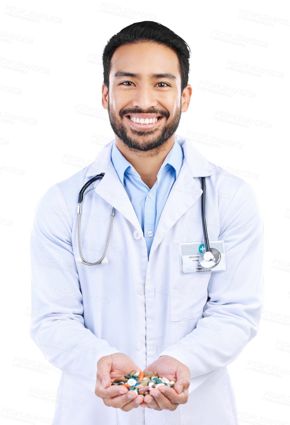 Buy stock photo Pharmacist, medicine and portrait of doctor with pills, healthcare and isolated in transparent or png background. Tablets, professional and medical pharmacy prescription, medication or supplement