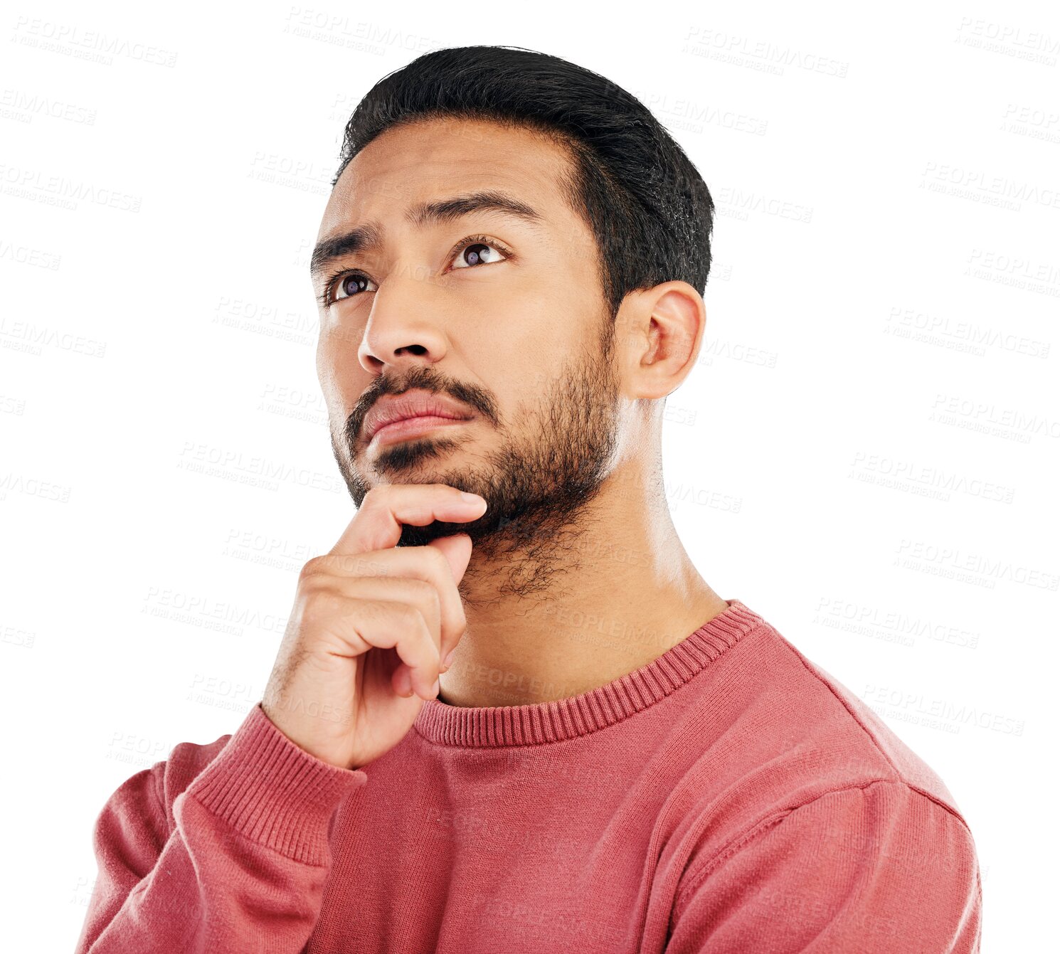 Buy stock photo Serious, thinking and Asian man with ideas, solution and guy isolated against a transparent background. Male person, model and problem solving with promotion, opportunity and brainstorming with png