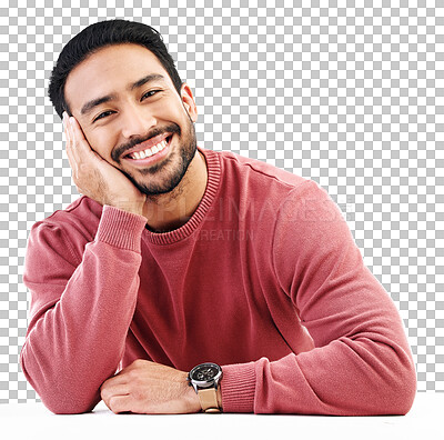 Buy stock photo Happy, man and portrait, relax with smile and attractive with positive mindset isolated on transparent png background. Calm, friendly and Asian male model resting, casual style and happiness