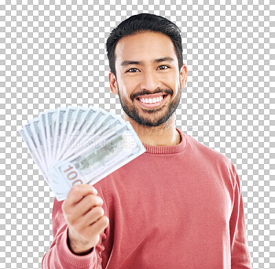 Buy stock photo Money in hand, cash fan and dollars with man in portrait, success with investment or reward on transparent png background. Financial freedom, profit and male person with prize, wealth and cashback