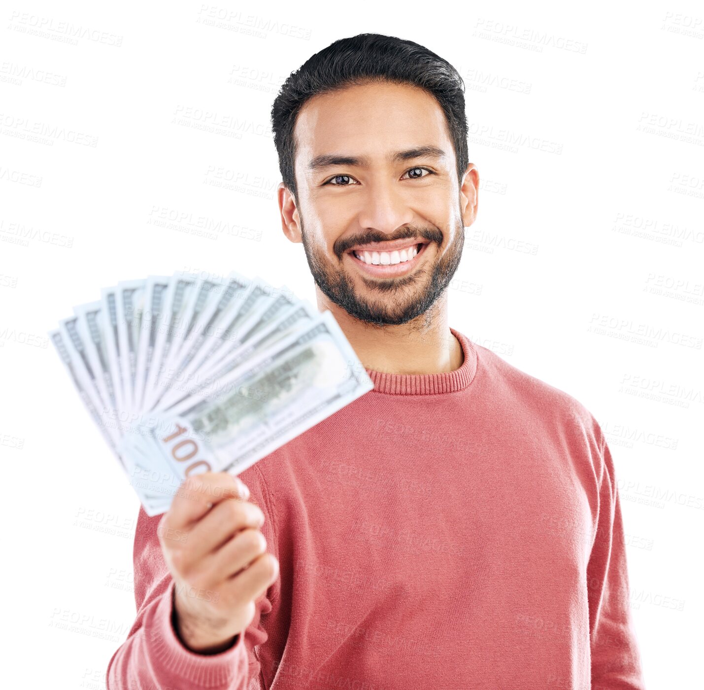 Buy stock photo Money in hand, cash fan and dollars with man in portrait, success with investment or reward on transparent png background. Financial freedom, profit and male person with prize, wealth and cashback