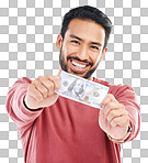 Money, cash and portrait of man with dollar on white background for investment, financial savings and payment. Finance profit, winner and isolated male for winning, stock market and success in studio