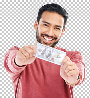 Buy stock photo Money, dollar note and cash with man in portrait, success with investment or reward on transparent png background. Financial freedom, payment and profit, male person with prize and cashback wealth