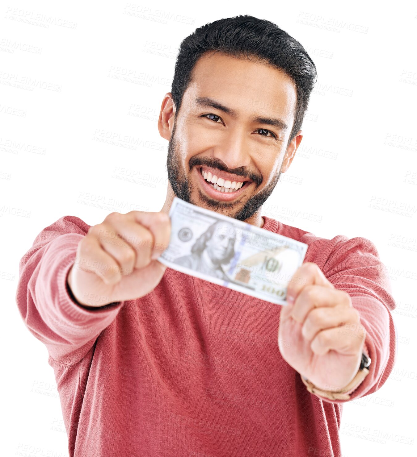 Buy stock photo Money, dollar note and cash with man in portrait, success with investment or reward on transparent png background. Financial freedom, payment and profit, male person with prize and cashback wealth