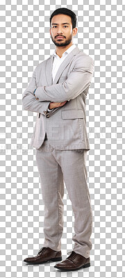 Buy stock photo Portrait, serious and asian business man with arms crossed on isolated, transparent and png background. Face, confidence and proud male person posing tough, assertive and positive mindset or attitude