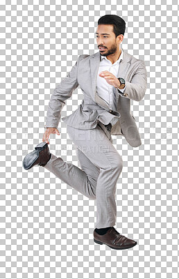 Buy stock photo Running, hurry or business man late in work jump, rushing or employee isolated on a transparent background. Male person, consultant and agent with png, corporate and appointment and time management