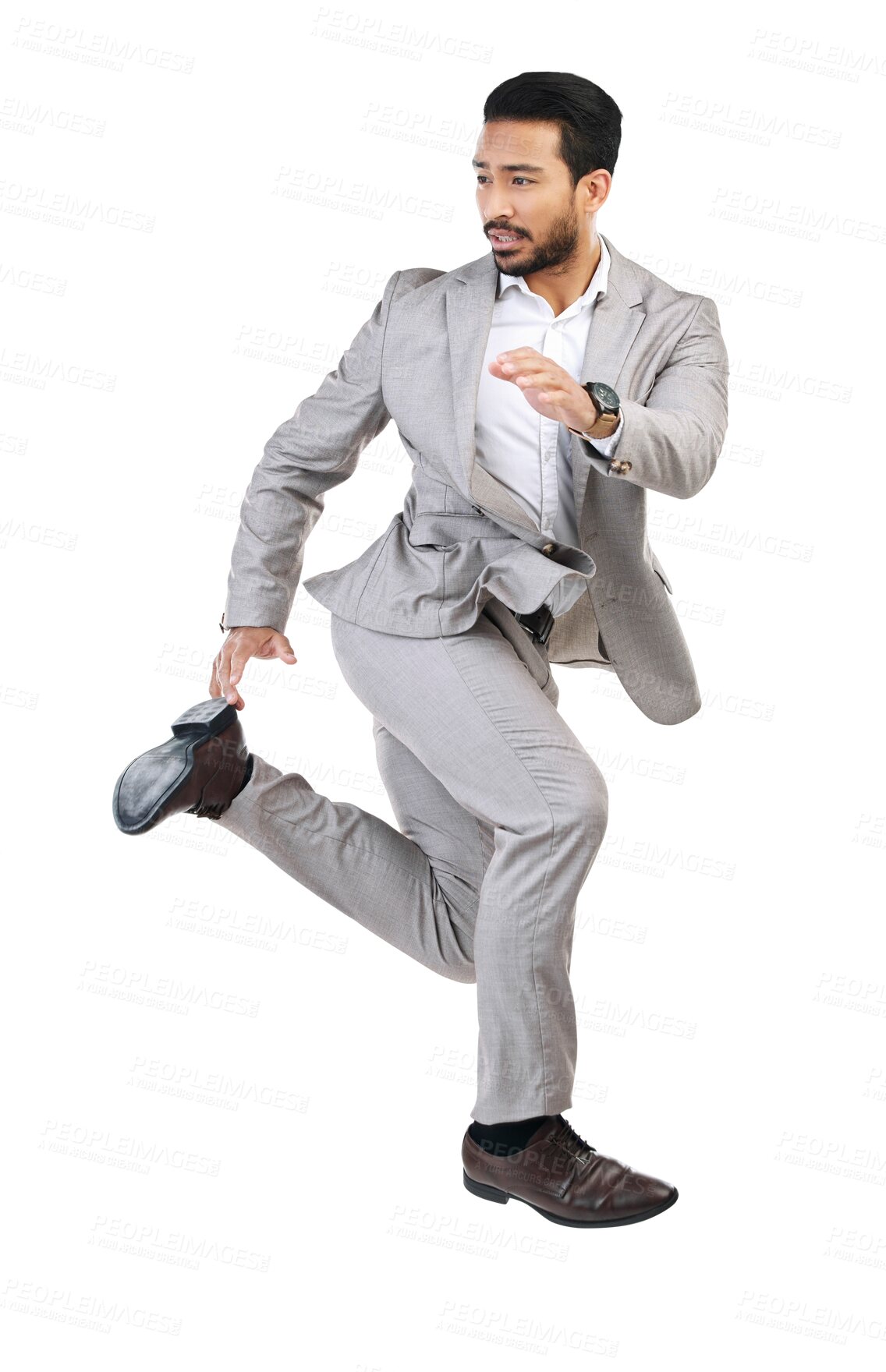 Buy stock photo Running, hurry or business man late in work jump, rushing or employee isolated on a transparent background. Male person, consultant and agent with png, corporate and appointment and time management