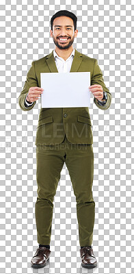 Buy stock photo Mockup, paper and portrait of business man on png for presentation, advertising and idea. Poster, space and promotion with person isolated on transparent background for information, show and graphic