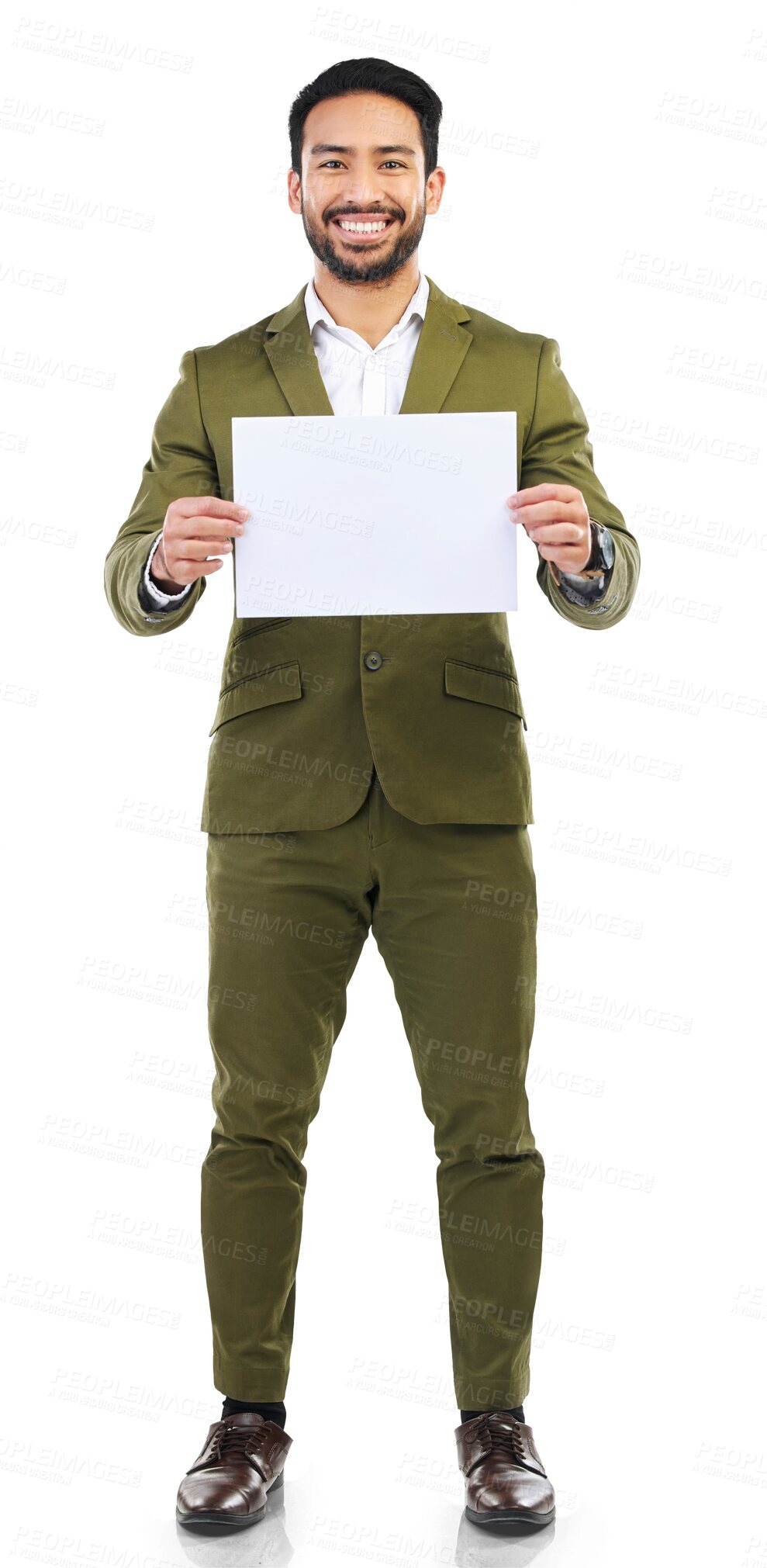 Buy stock photo Mockup, paper and portrait of business man on png for presentation, advertising and idea. Poster, space and promotion with person isolated on transparent background for information, show and graphic