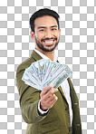 Cash, money and portrait of business man on white background for bonus, financial savings and payment. Finance success, investment and happy male for winning, budget and stock market profit in studio