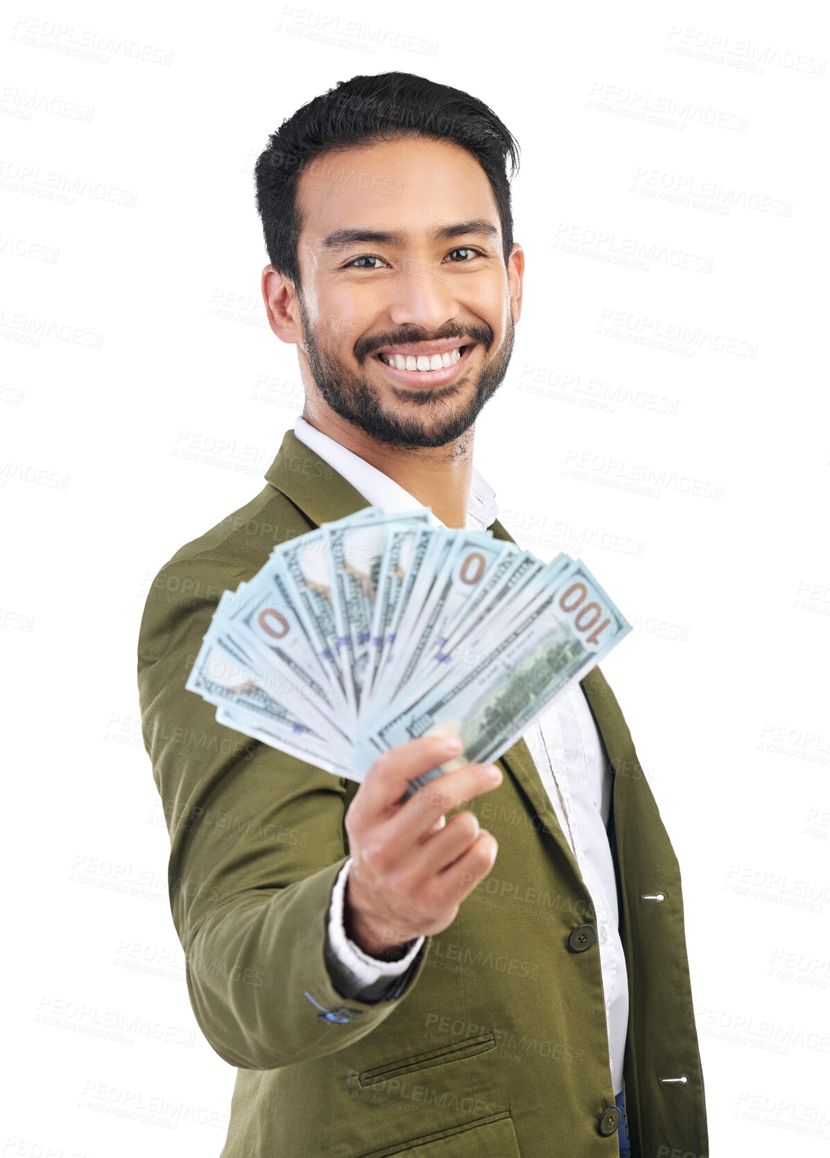 Buy stock photo Cash, money and portrait of man entrepreneur with success or winning lotto isolated in a transparent or png background. Bonus, investment and happy businessman with budget and stock market profit