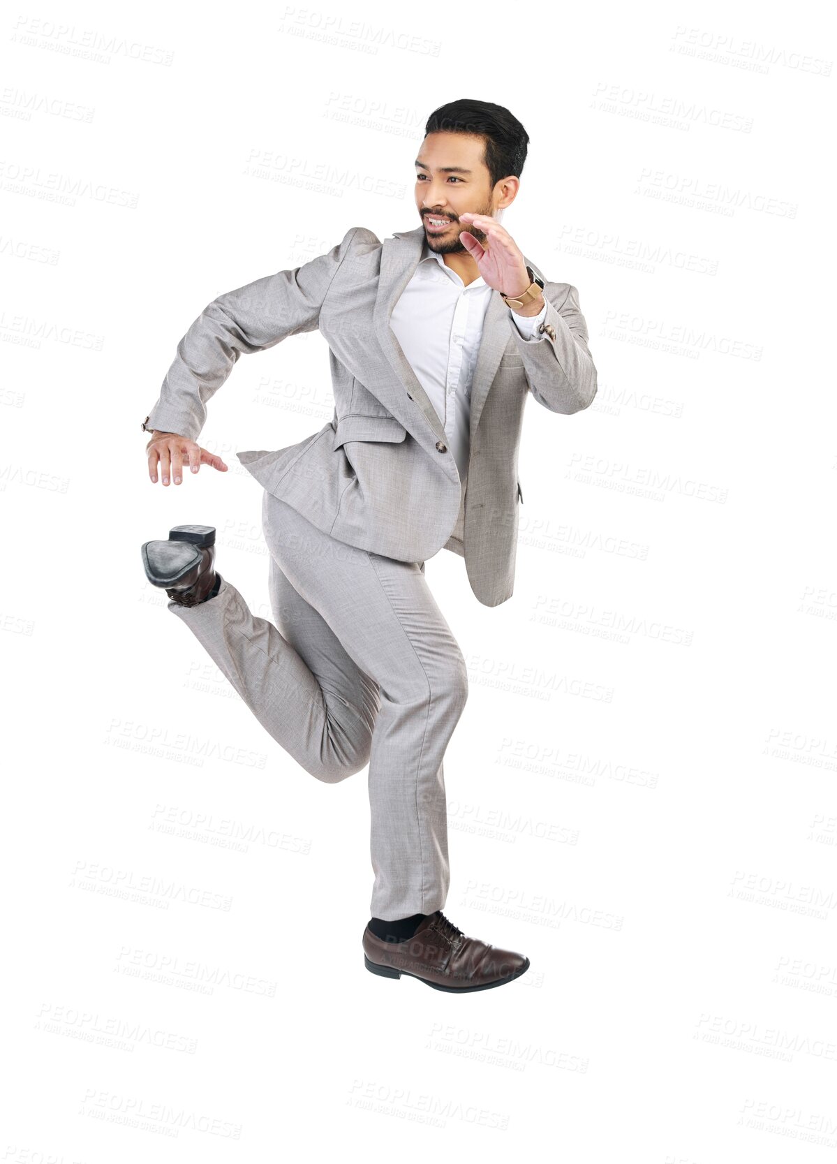 Buy stock photo Running, jumping or businessman late for work or sprinting in the air hurry for appointment in workplace. Corporate, time management and Asian male entrepreneur isolated on transparent png background