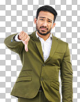 Thumbs down, business man and sad portrait in a studio with bad feedback, voting and emoji hand sign. Negative opinion, decision and wrong hands gesture of a upset male with isolated white background