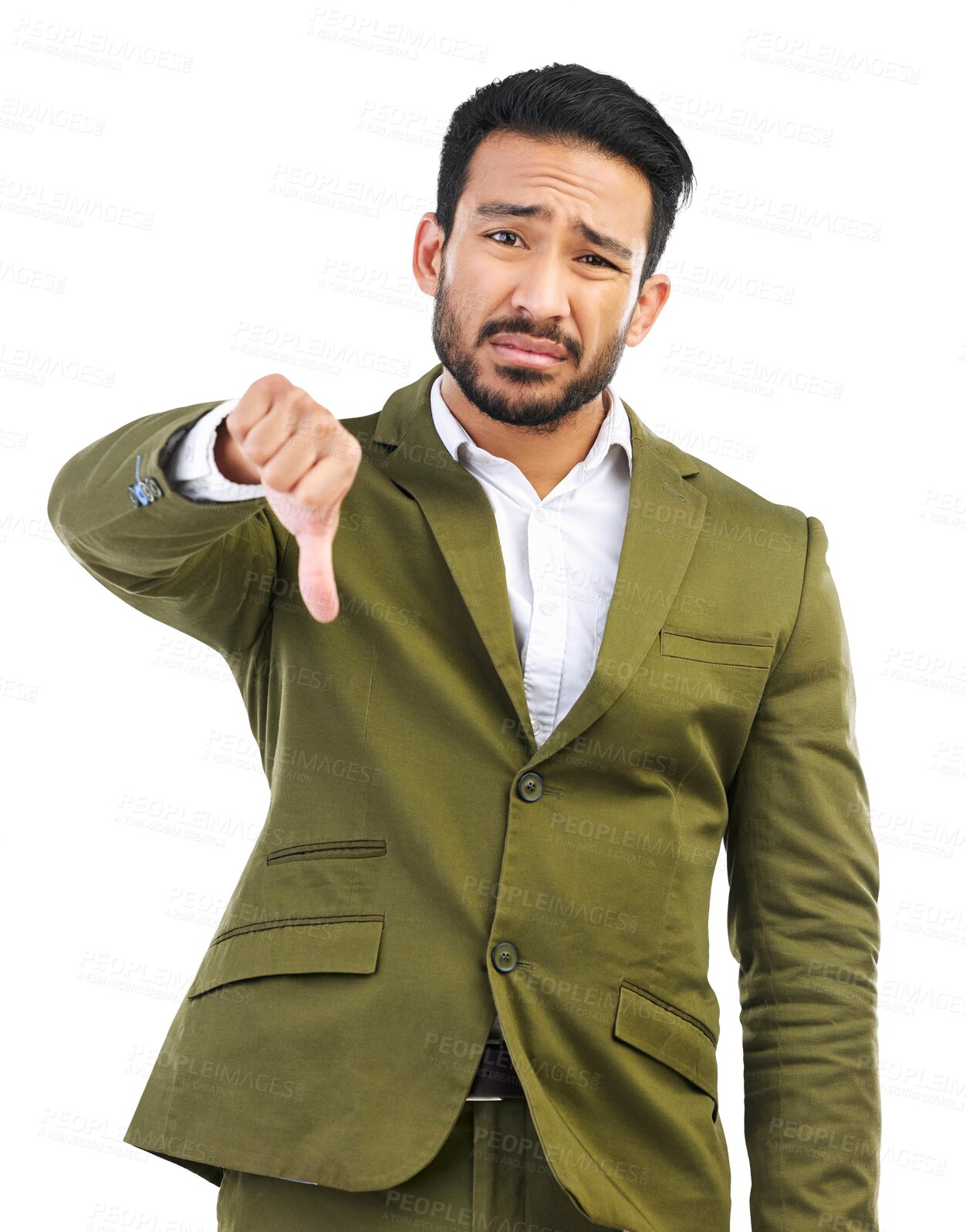 Buy stock photo Portrait, corporate and Asian man with thumbs down, review and voting isolated on a transparent background. Male person, entrepreneur and employee with gesture, mistake and emoji with png and choice