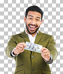 Money, cash and excited business man on studio background for investment, bonus and stock market. Finance success, winner and isolated happy male with bills for winning, profit and wealth savings