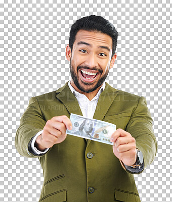 Buy stock photo Cash, lotto and portrait of man entrepreneur with success or winning money isolated in a transparent or png background. Bonus, investment and happy businessman with budget and stock market profit