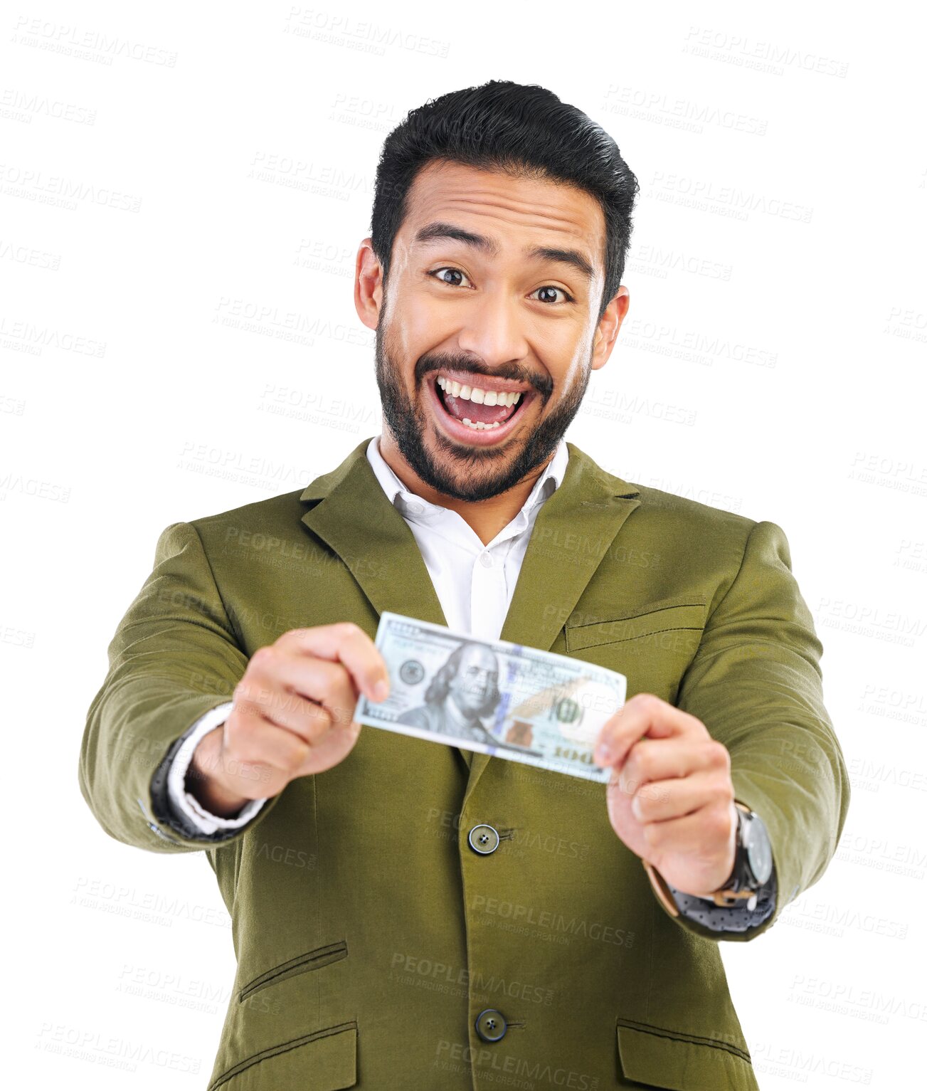 Buy stock photo Cash, lotto and portrait of man entrepreneur with success or winning money isolated in a transparent or png background. Bonus, investment and happy businessman with budget and stock market profit