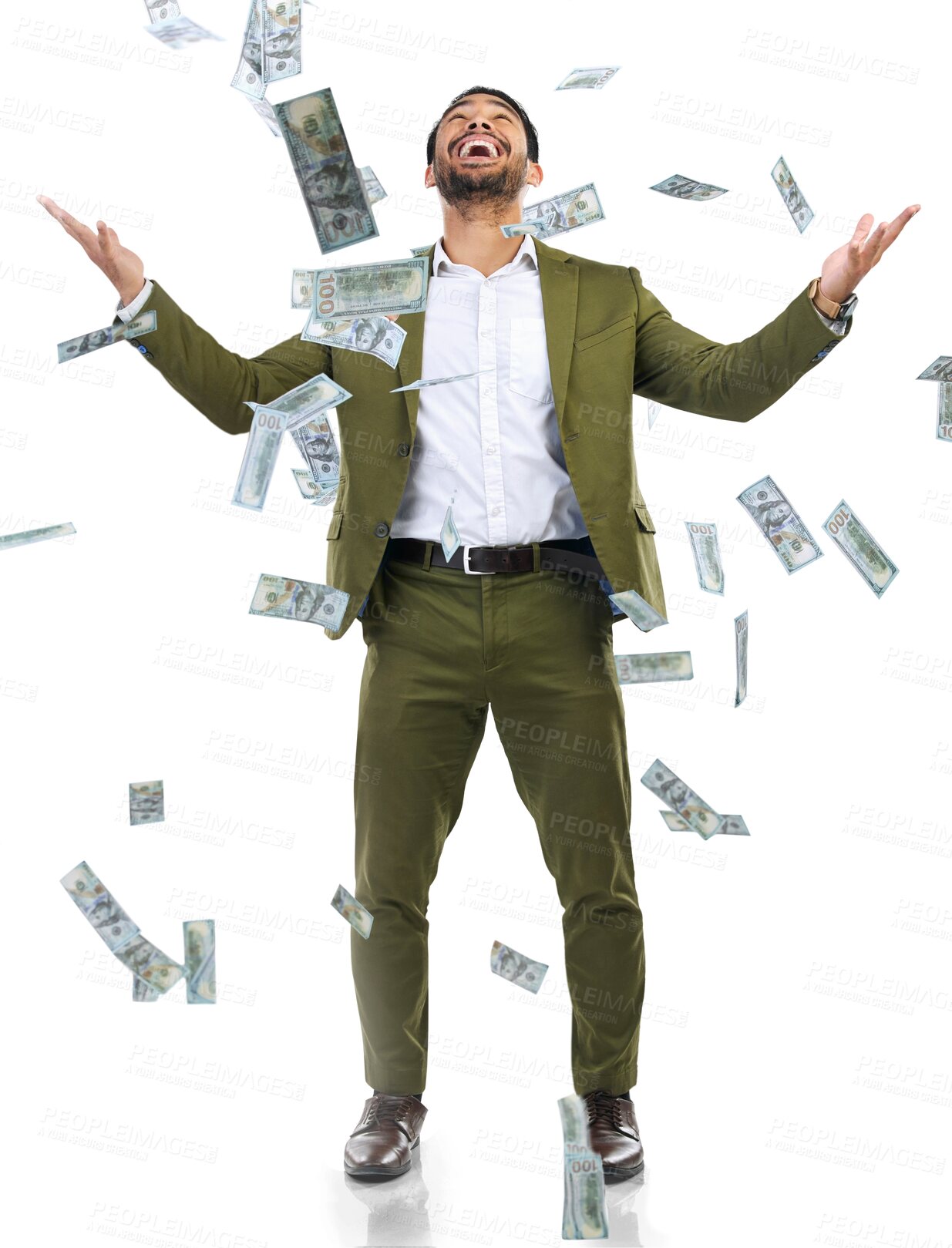 Buy stock photo Money, confetti and happy asian man with cashback on isolated, transparent and png background. Cash, winner and male person with bonus, reward or lottery surprise, increase or salary promotion 