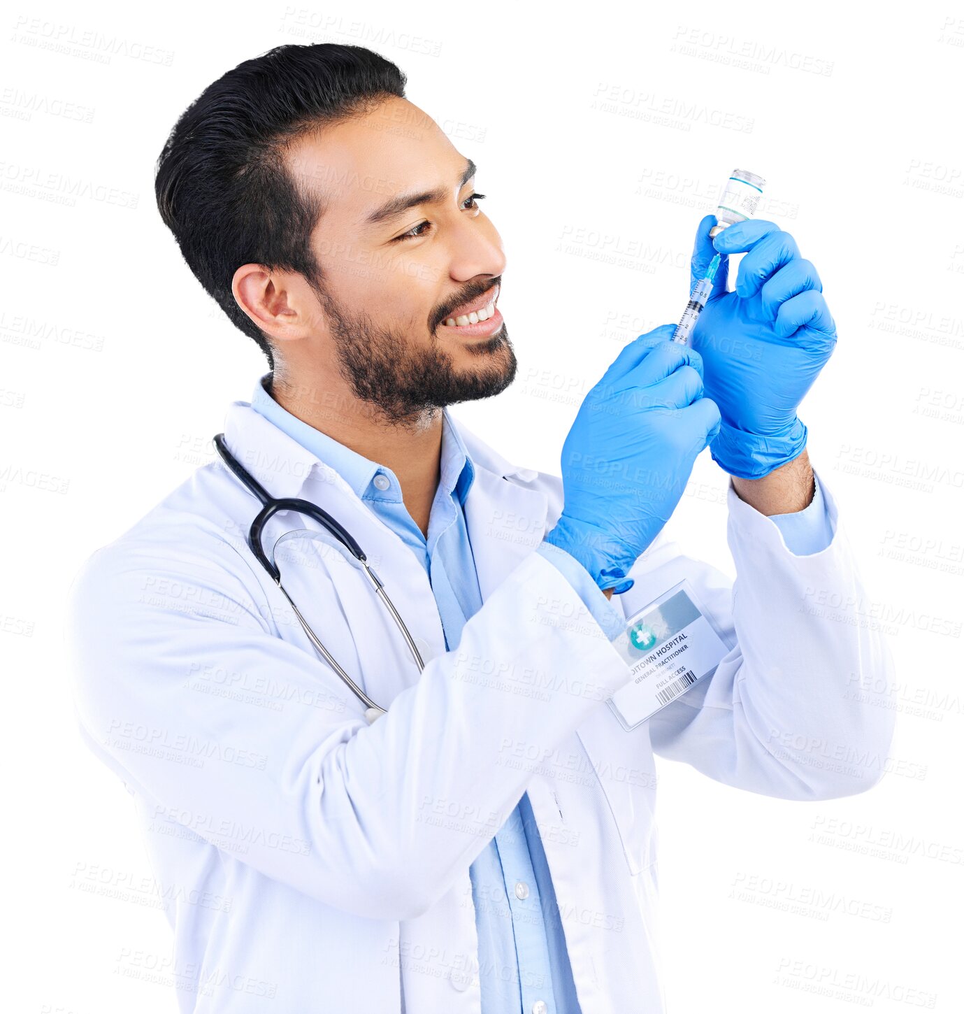 Buy stock photo Syringe, doctor and man with vaccine in vial on isolated, PNG and transparent background. Healthcare, hospital and male health worker with needle for medicine, vaccination liquid and medical care