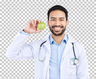 Buy stock photo Apple, doctor and health with portrait of man on png for nutrition, medical and diet. Healthcare, medicine and food with face of person and fruit isolated on transparent background for wellness