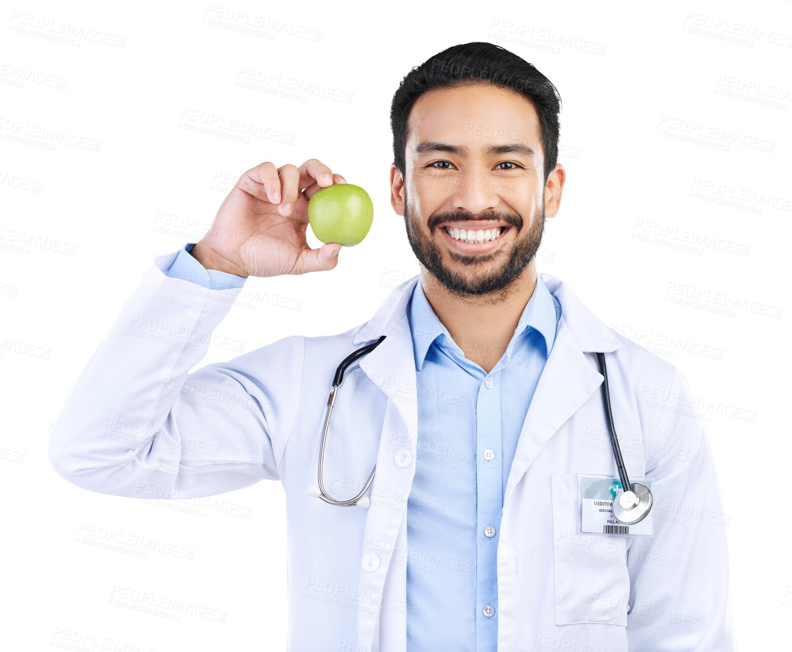 Buy stock photo Apple, doctor and health with portrait of man on png for nutrition, medical and diet. Healthcare, medicine and food with face of person and fruit isolated on transparent background for wellness