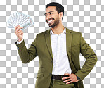 Investment, money and business man with cash on studio background for budget, bonus and stock market. Finance success, winner and happy male with bills for winning, bank profit and wealth opportunity