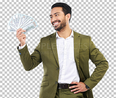 Buy stock photo Dollar, money and business man with cash for trading, bonus and rich investment opportunity isolated on transparent png background. Finance, winner and happy asian worker with paper bills for profit