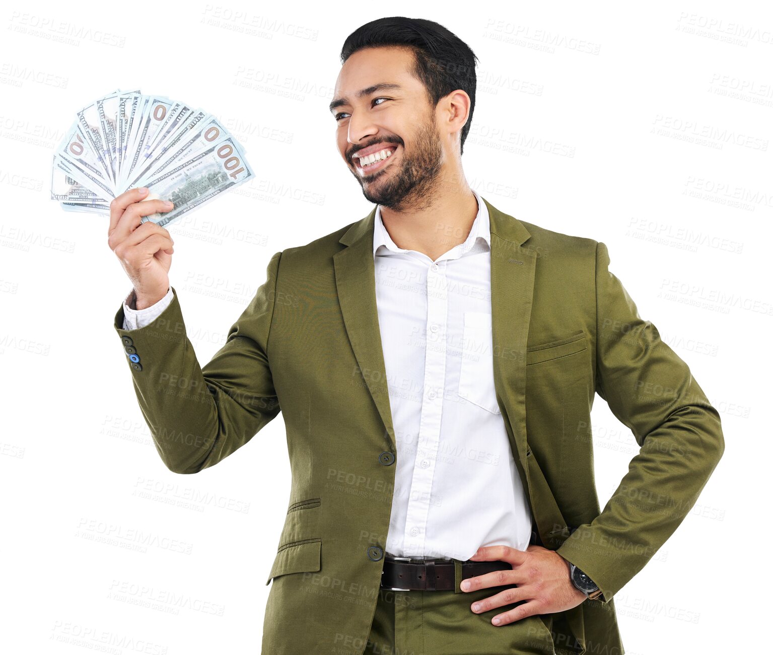 Buy stock photo Dollar, money and business man with cash for trading, bonus and rich investment opportunity isolated on transparent png background. Finance, winner and happy asian worker with paper bills for profit