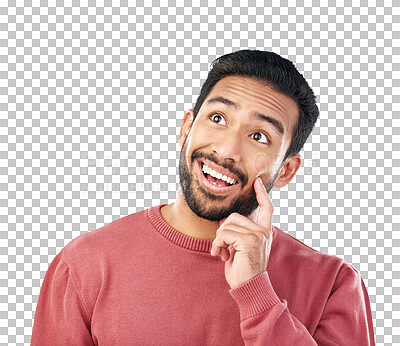 Buy stock photo Surprise, thinking and Asian man with ideas, opportunity or brainstorming isolated on a transparent background. Male person, model or problem solving with promotion, png or decision with announcement